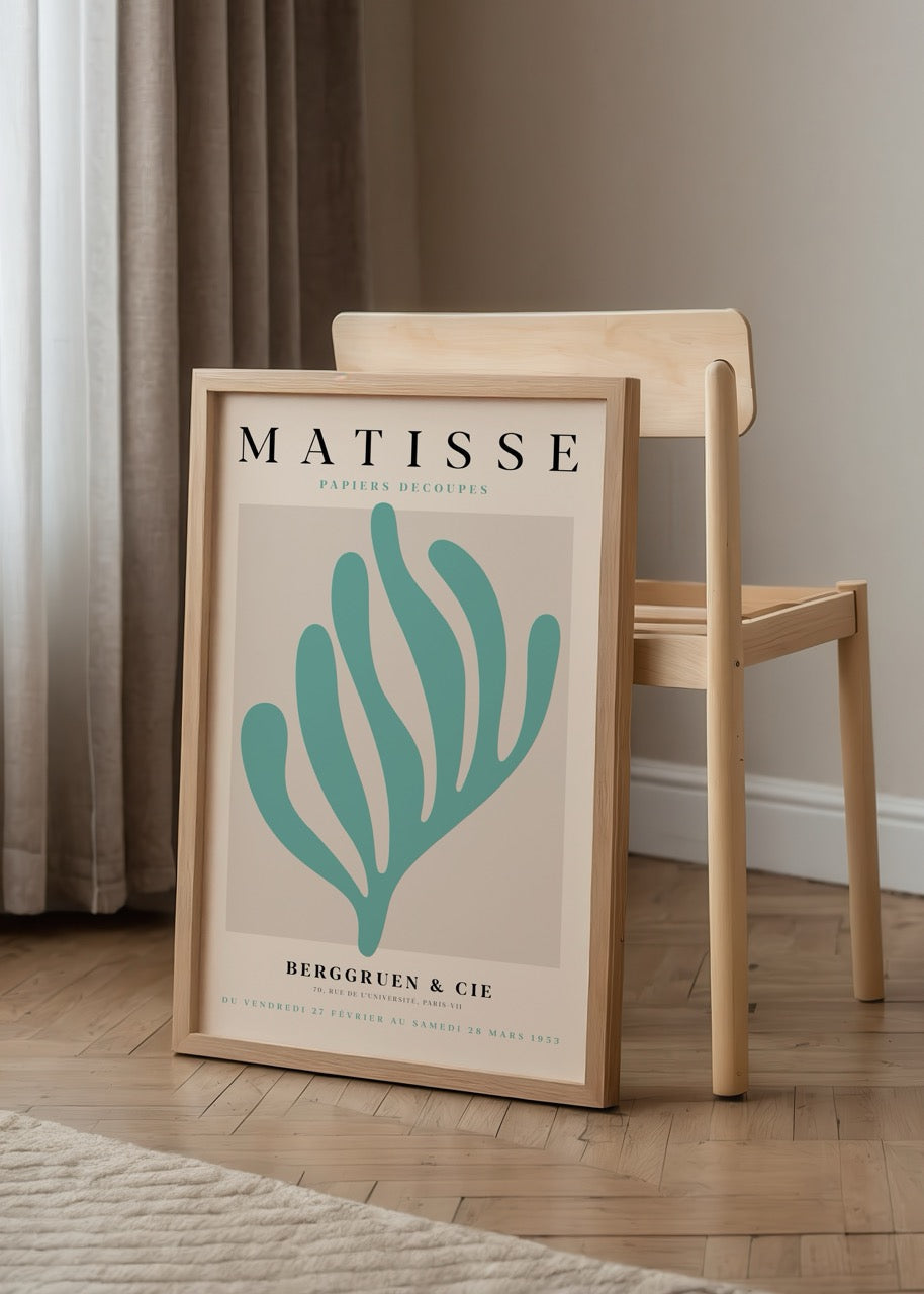 Serene Aquatic Leaf Art Print featuring a graceful leaf design in teal and beige.