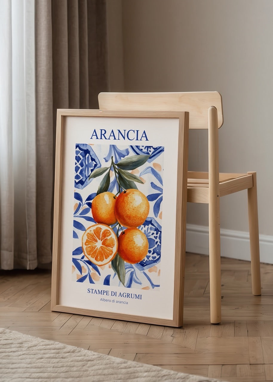 Vibrant orange fruits against a blue patterned background