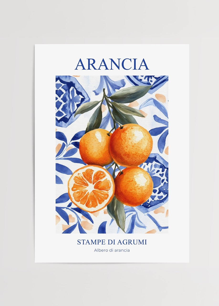 Vibrant orange fruits against a blue patterned background