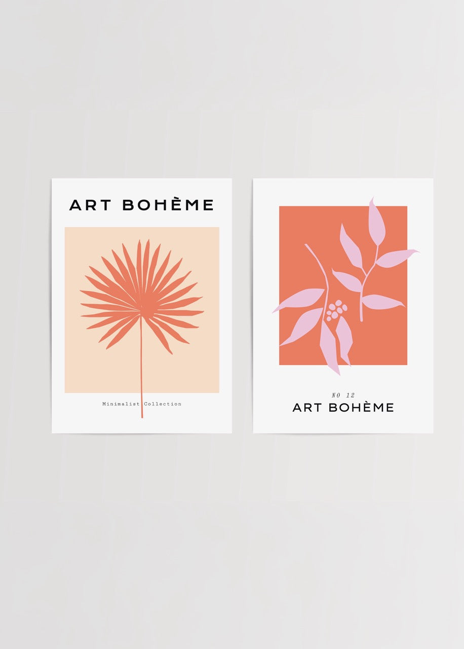 Minimalist botanical poster set featuring palm and leaf designs in coral and pastel tones.
