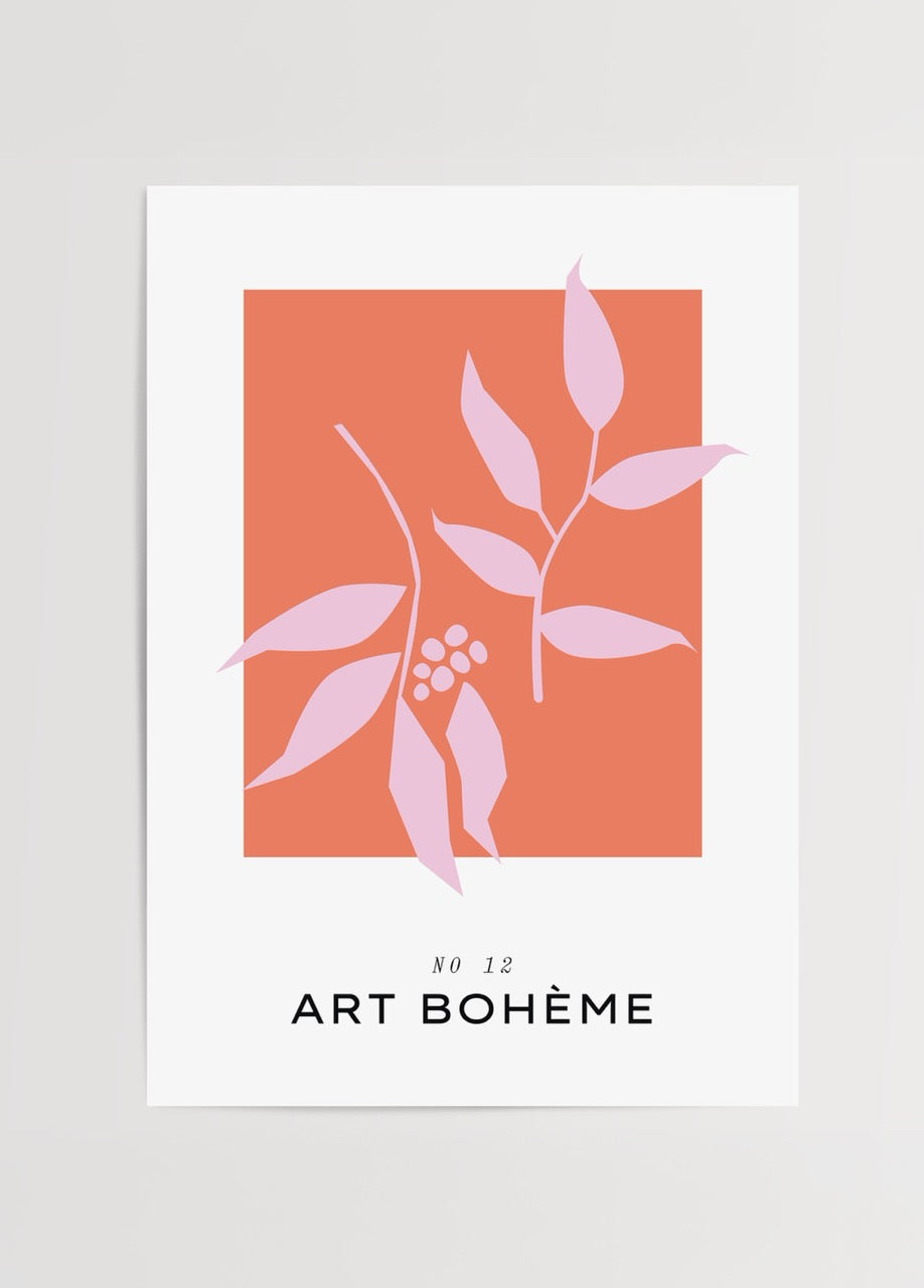 Bohemian Bliss Art Print featuring pink foliage on coral background