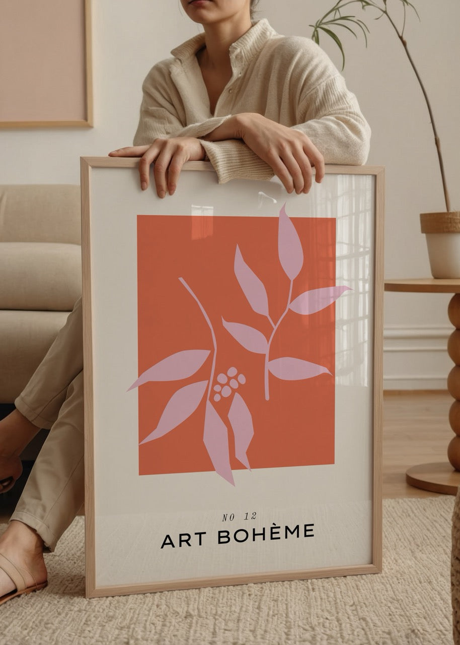 Bohemian Bliss Art Print featuring pink foliage on coral background