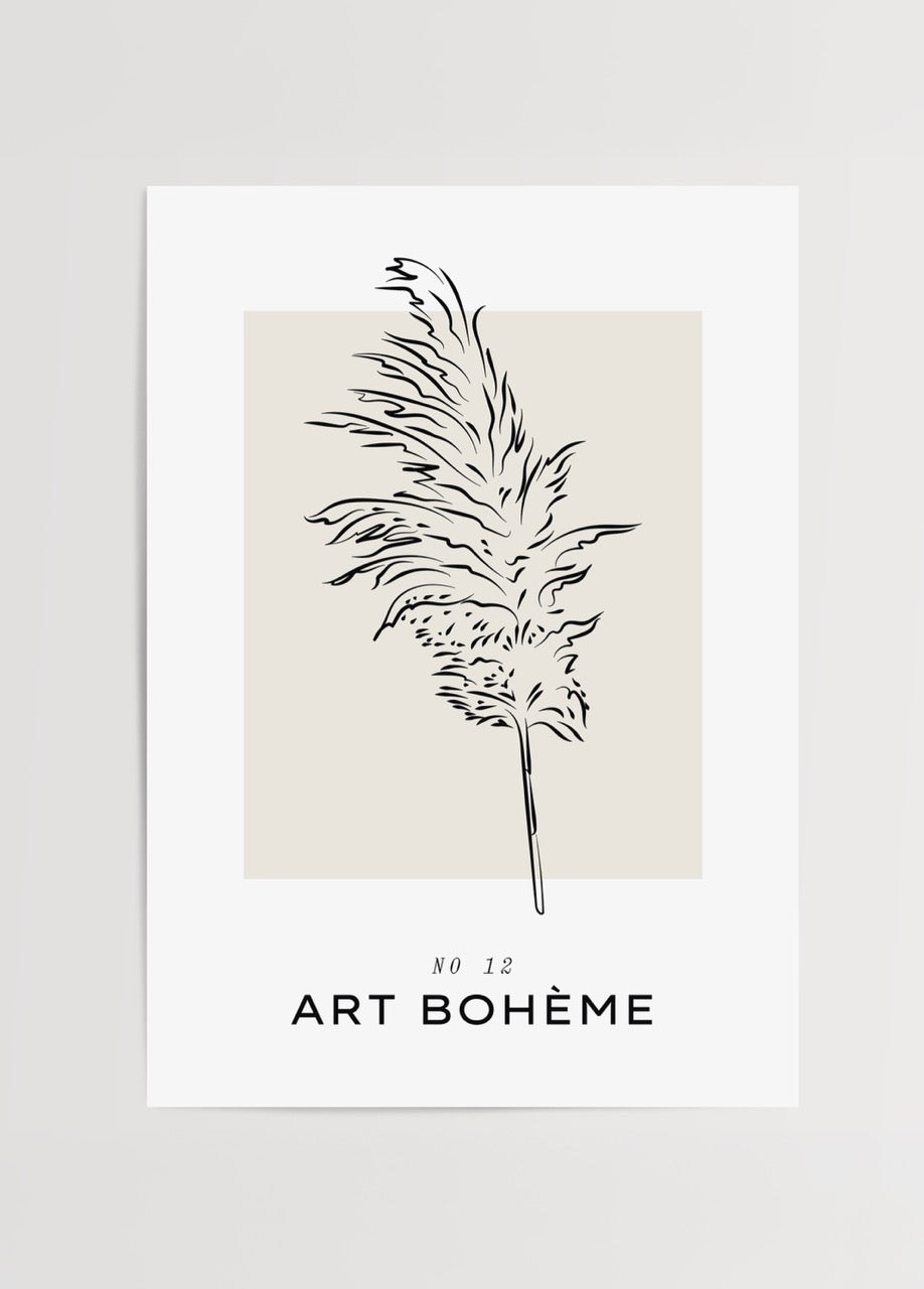 Minimalist line art print of pampas grass on beige background