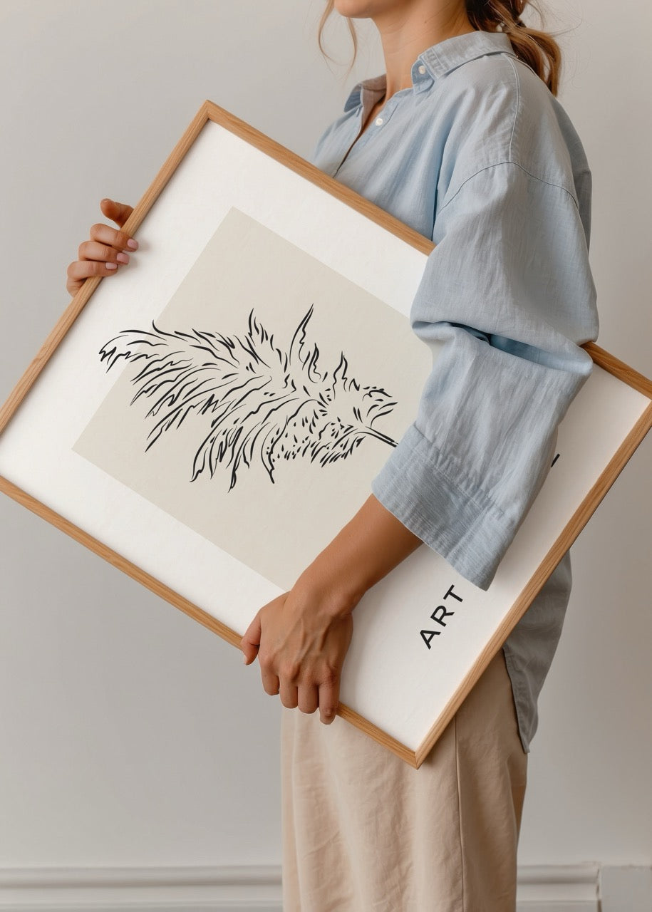 Minimalist line art print of pampas grass on beige background