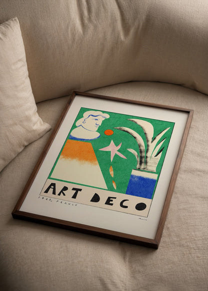 Art Deco Poster Print featuring vibrant geometric shapes and a stylised figure.