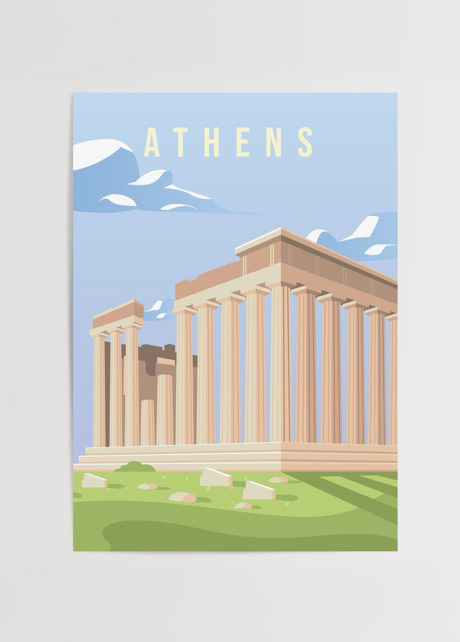 A vibrant poster featuring the Parthenon in Athens with a clear blue sky.