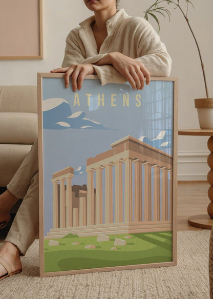 A vibrant poster featuring the Parthenon in Athens with a clear blue sky.