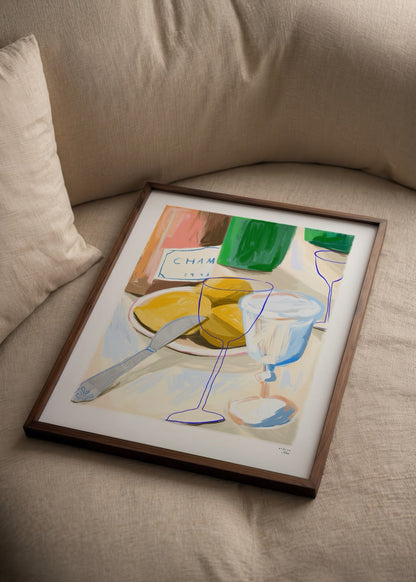 A vibrant lemon poster featuring fresh lemons and elegant glassware.