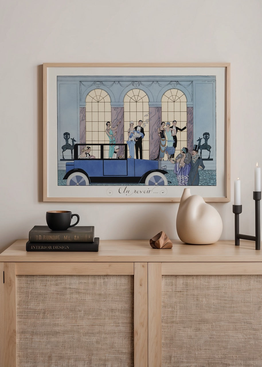 Vintage poster featuring a gathering scene with a blue car and elegant architecture.
