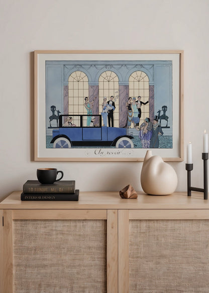Vintage poster featuring a gathering scene with a blue car and elegant architecture.