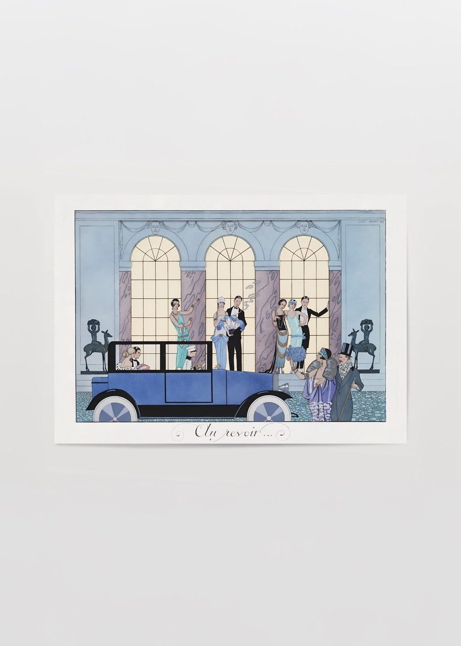 Vintage poster featuring a gathering scene with a blue car and elegant architecture.