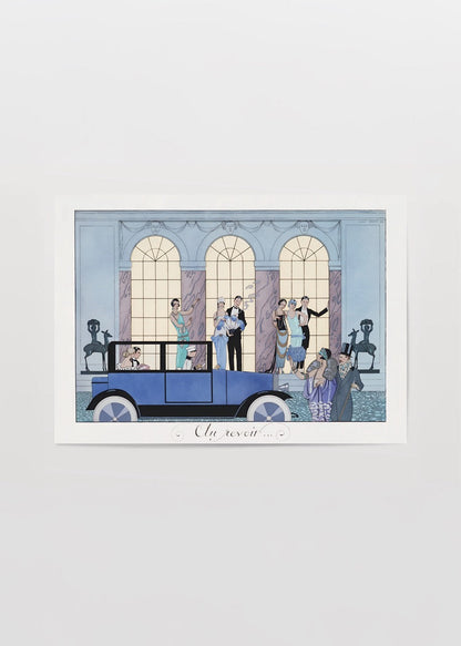 Vintage poster featuring a gathering scene with a blue car and elegant architecture.