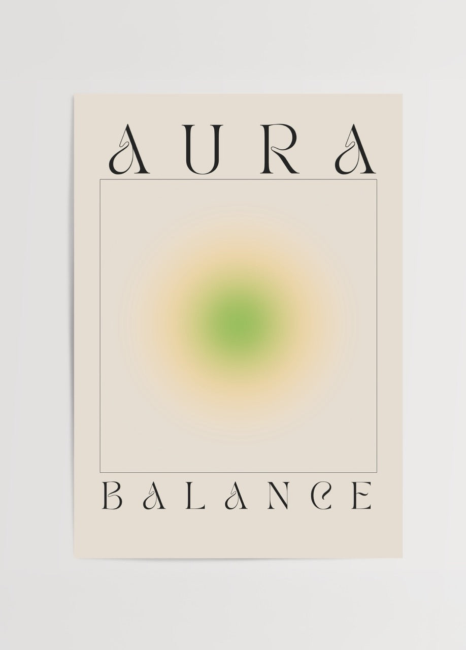 A minimalist art poster showcasing a soft gradient aura in green and beige tones.