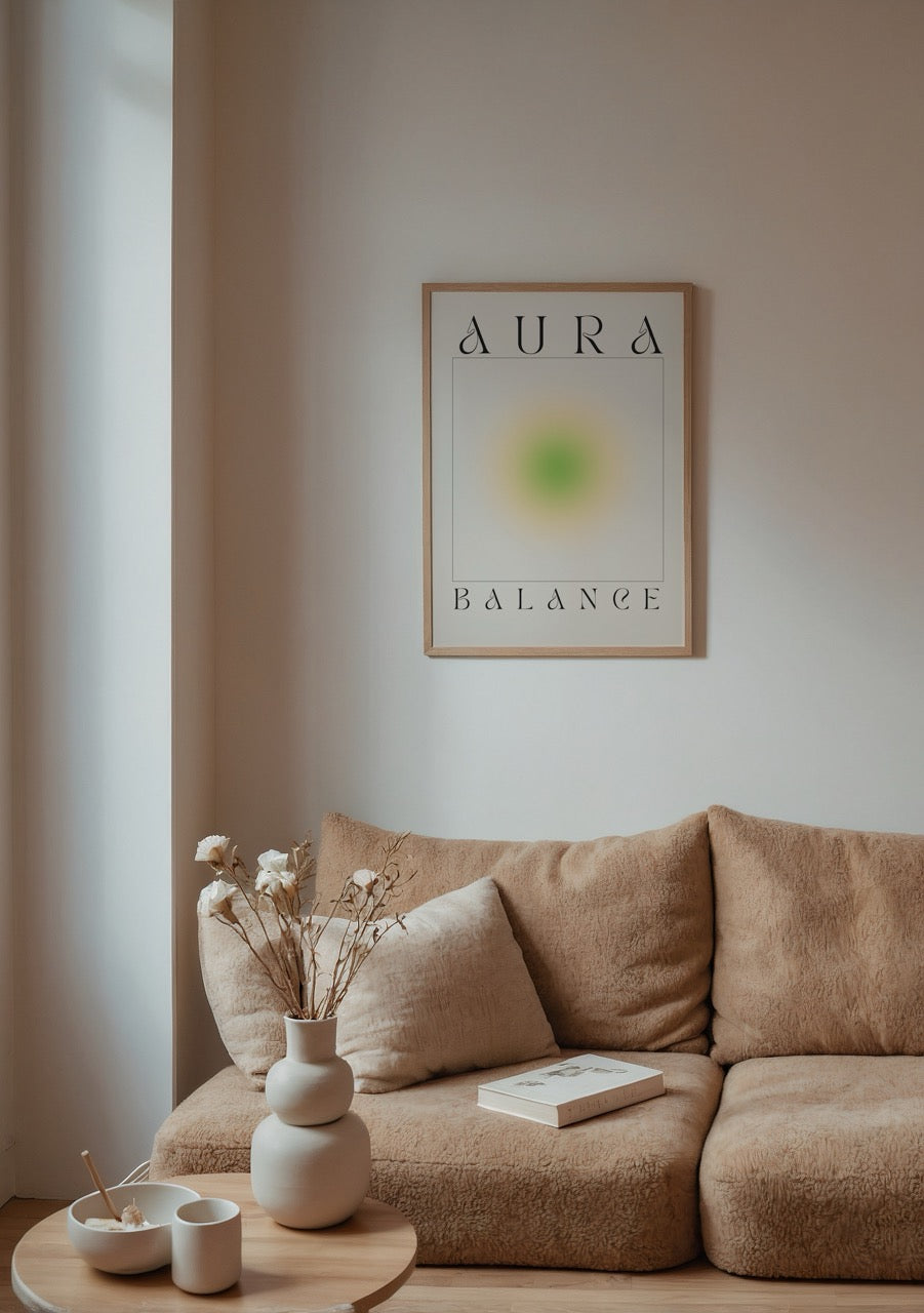 A minimalist art poster showcasing a soft gradient aura in green and beige tones.