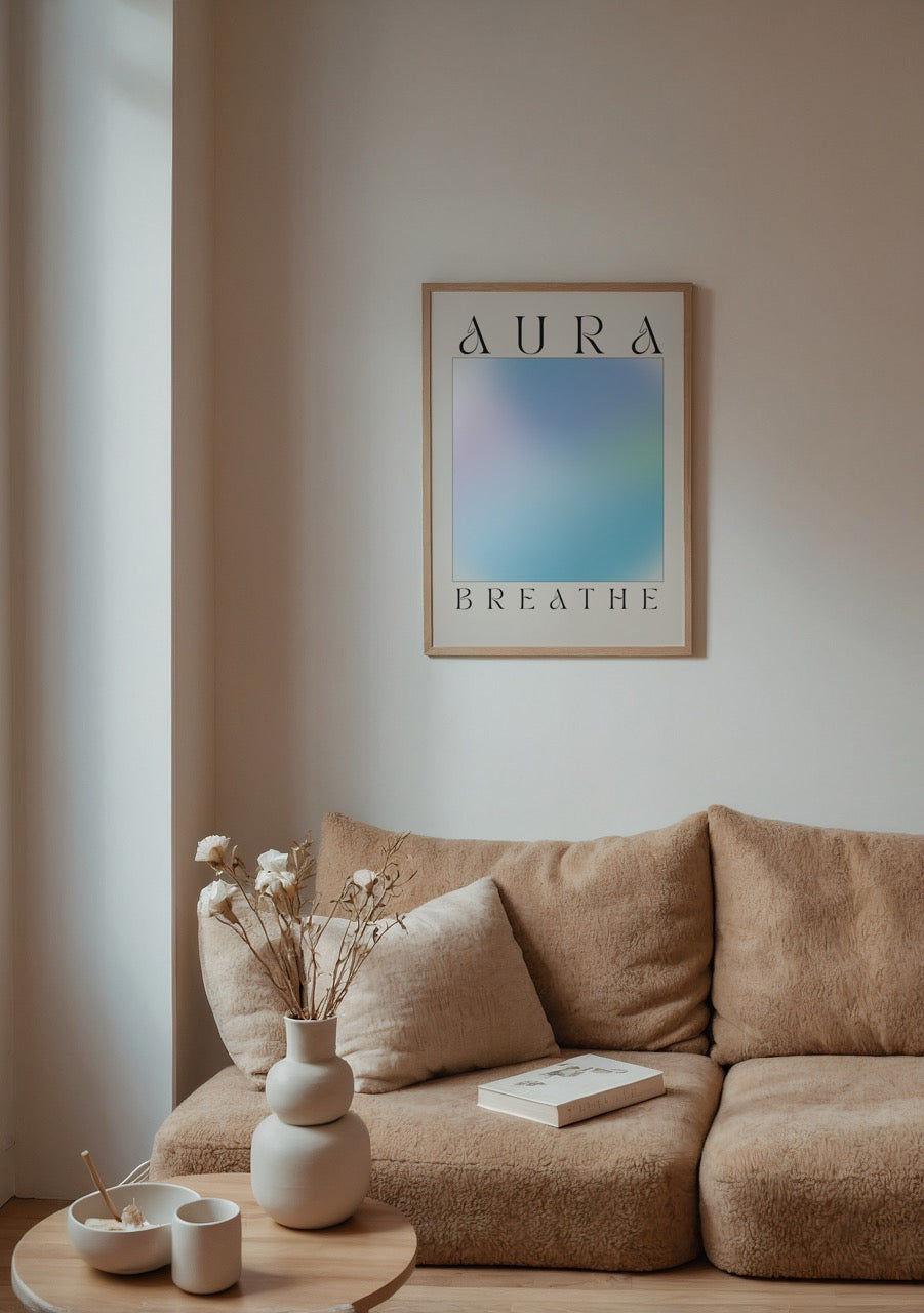 Serenity Aura Wall Art featuring soft blue and pastel hues.