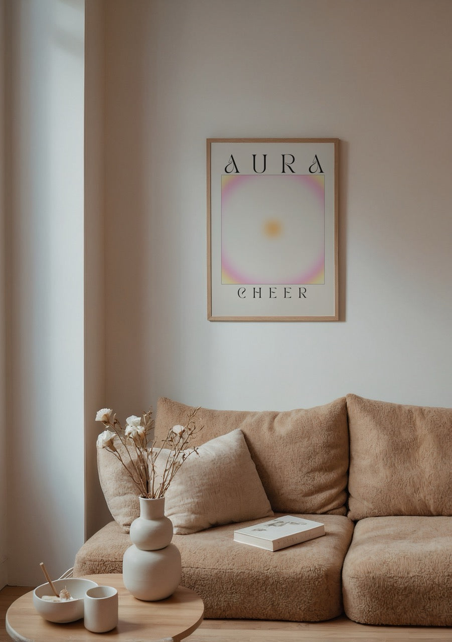 Aura of Joy Poster featuring soft orange and pink hues in a minimalist design.