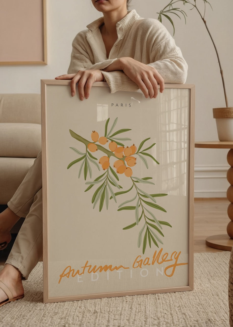 Botanical illustration featuring orange berries and green leaves, perfect for autumn-themed decor.