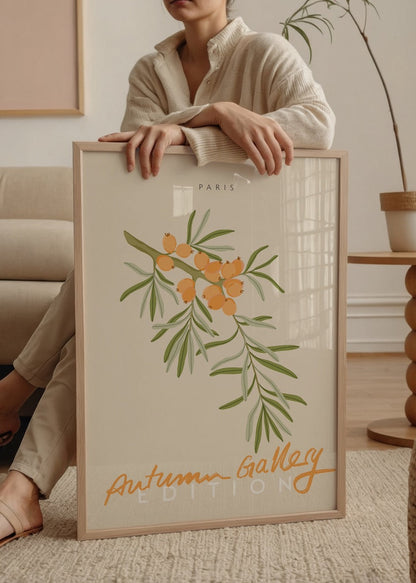 Botanical illustration featuring orange berries and green leaves, perfect for autumn-themed decor.