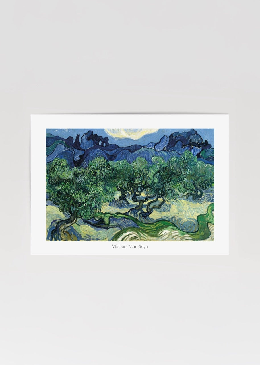 A serene olive grove artwork featuring soothing greens and blues, perfect for wall decor.