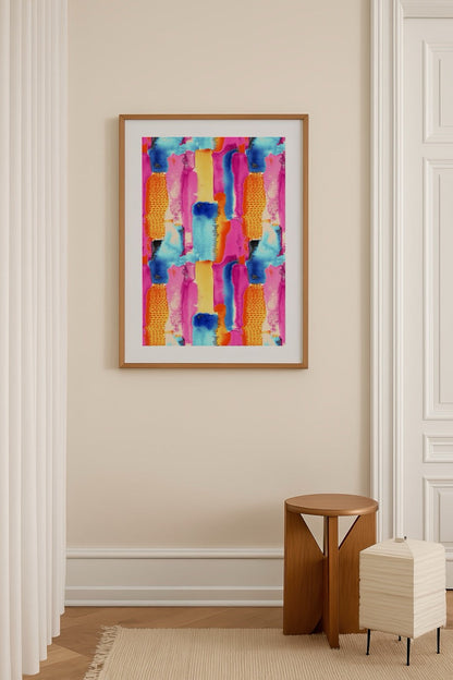 Vibrant abstract wall art featuring bold, multicoloured brush strokes.