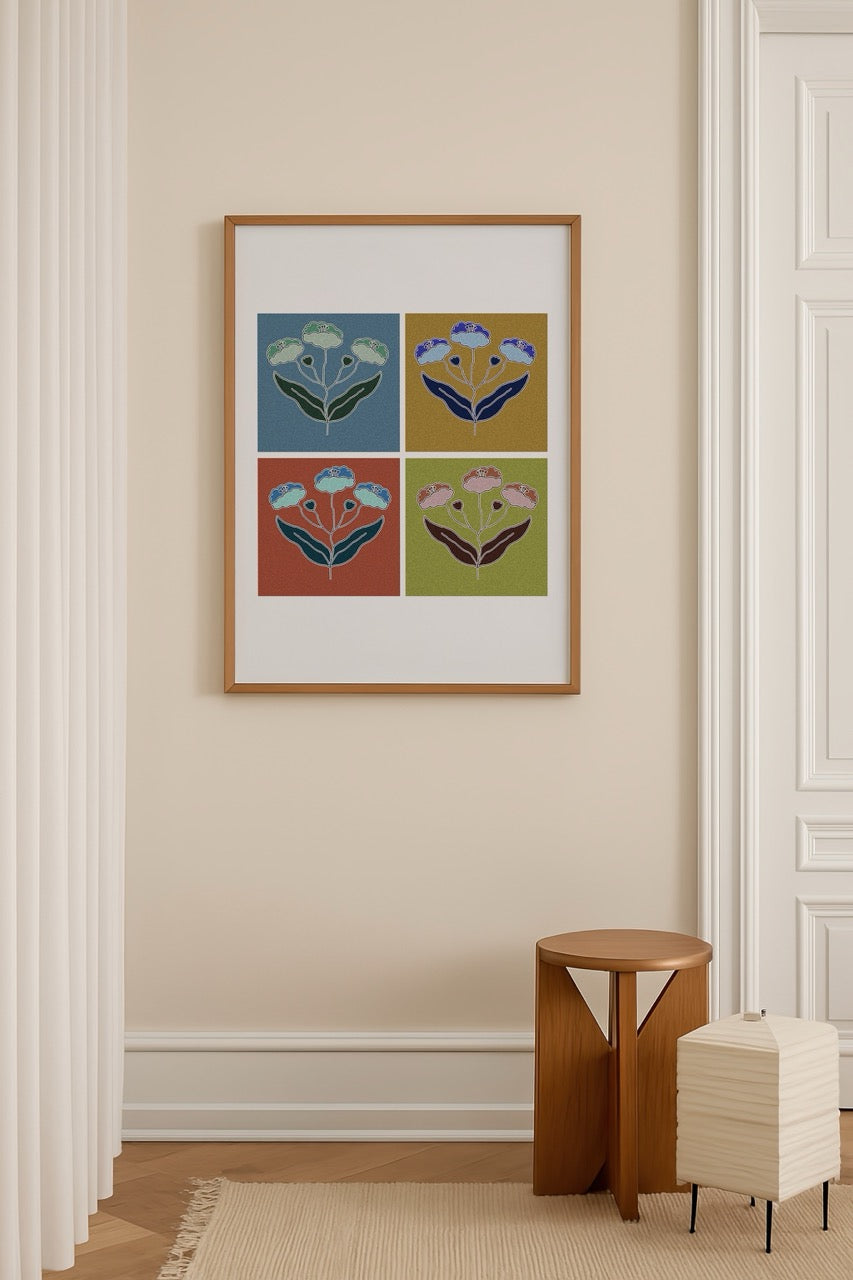 Floral Quartet Poster Print featuring vibrant floral designs in four panels.