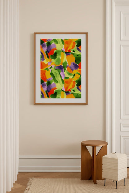 Vibrant abstract artwork featuring lively green, orange, yellow, and purple hues, perfect for wall art.