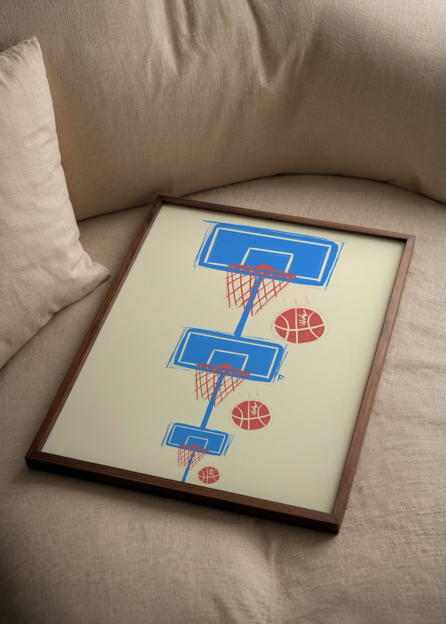 Vibrant B-ball poster featuring basketball hoops and balls in playful design.