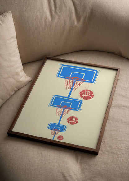 Vibrant B-ball poster featuring basketball hoops and balls in playful design.