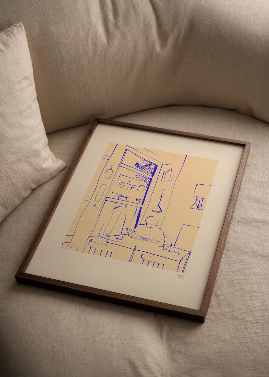 Illustrative café scene in soft tones, perfect for stylish interiors.
