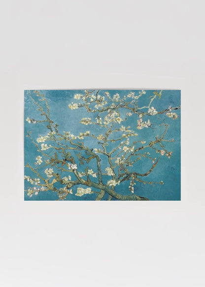 Artwork of blossoming branches on a tranquil blue background.