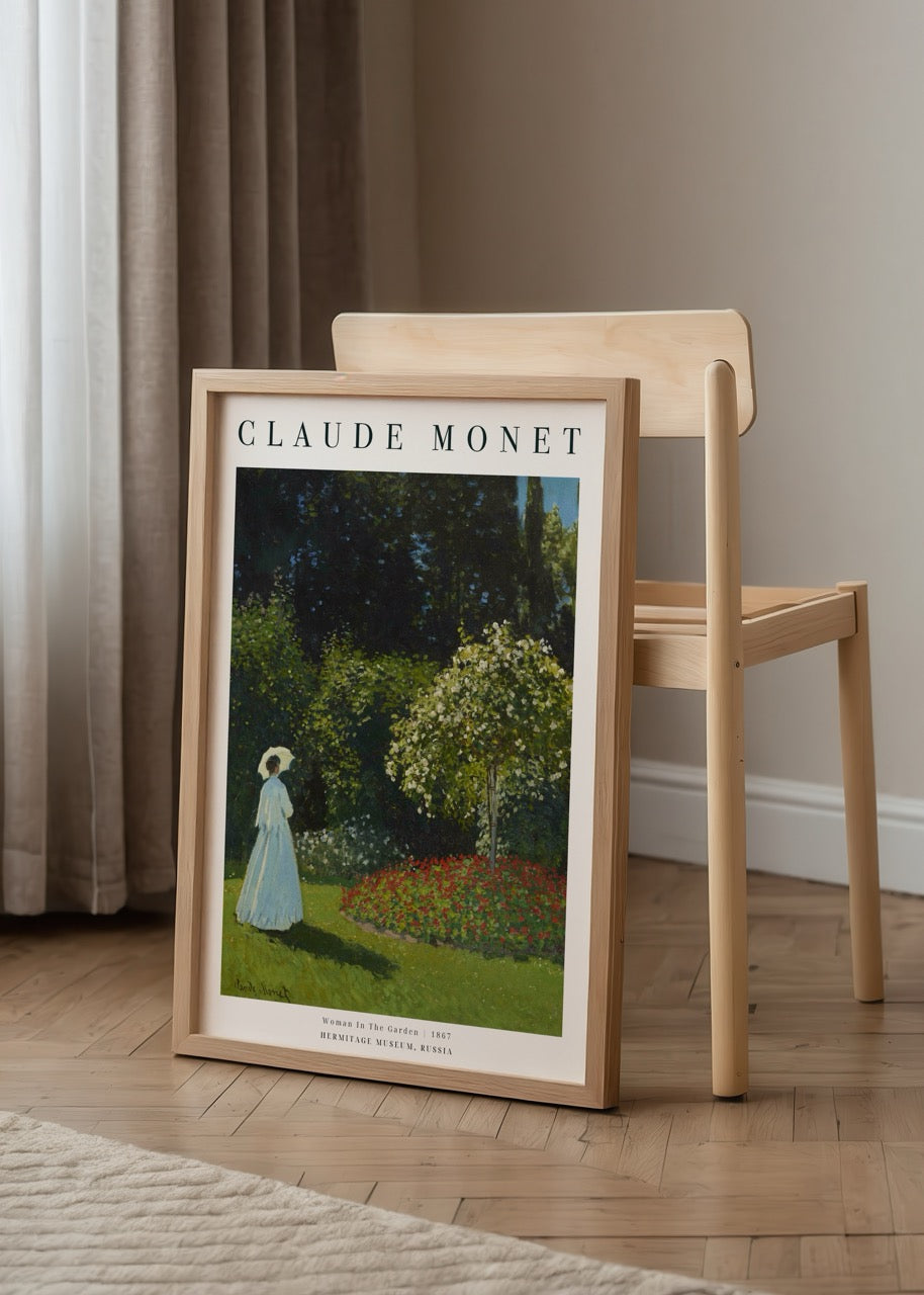 A serene garden scene with lush greenery and flowers, perfect for interior decor.