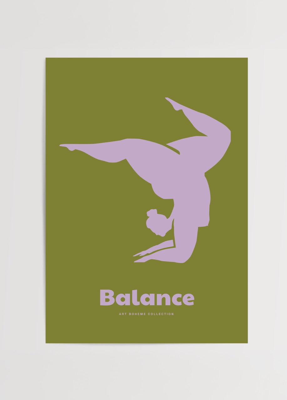 Elegant art print showcasing a figure in a balance pose on a green background.