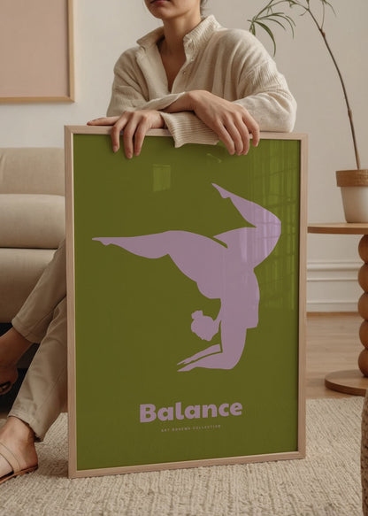 Elegant art print showcasing a figure in a balance pose on a green background.