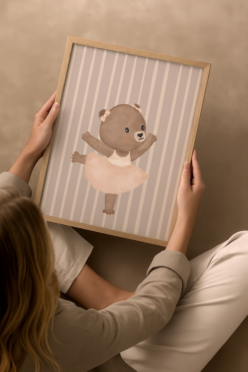 Charming teddy bear ballerina dancing on a striped background.