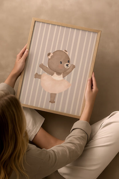 Charming teddy bear ballerina dancing on a striped background.
