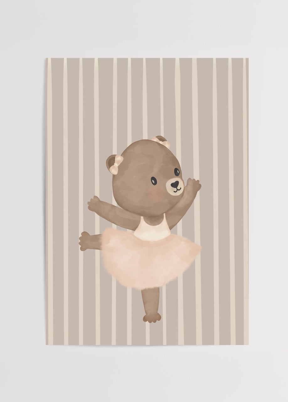 Charming teddy bear ballerina dancing on a striped background.