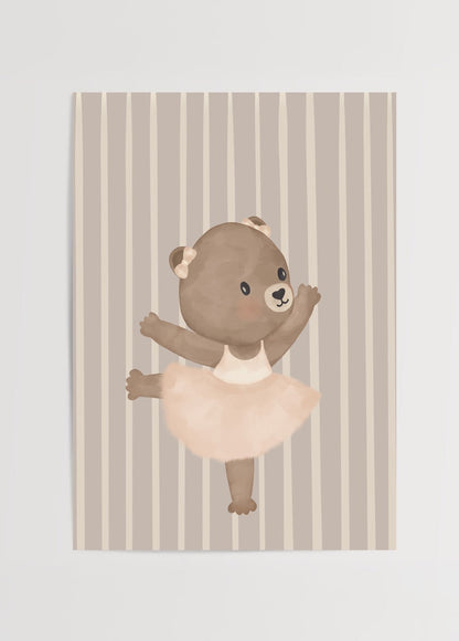 Charming teddy bear ballerina dancing on a striped background.