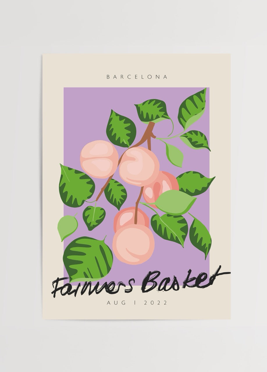 Vibrant illustration of fruit and leaves inspired by Barcelona markets.