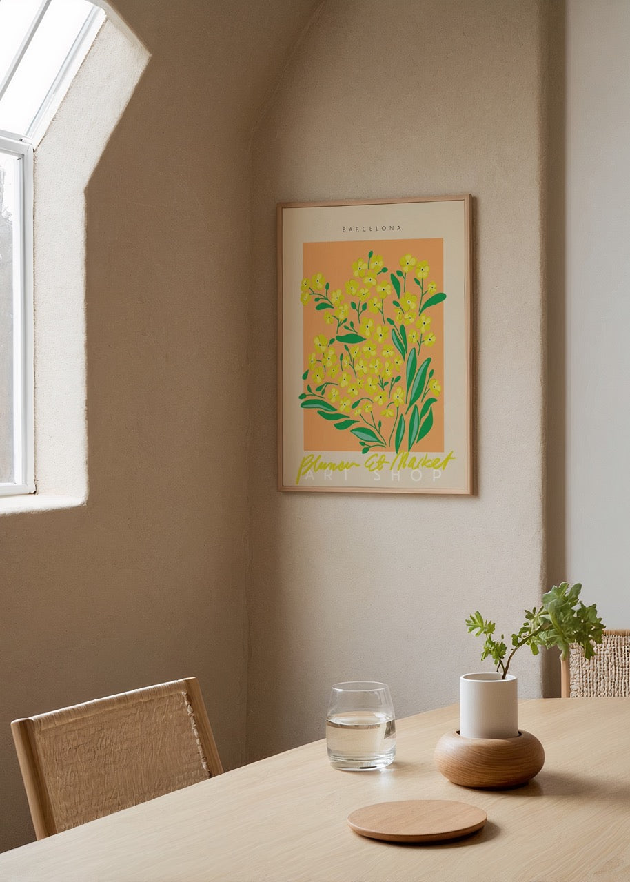 Vibrant yellow floral print capturing the essence of a Barcelona market.
