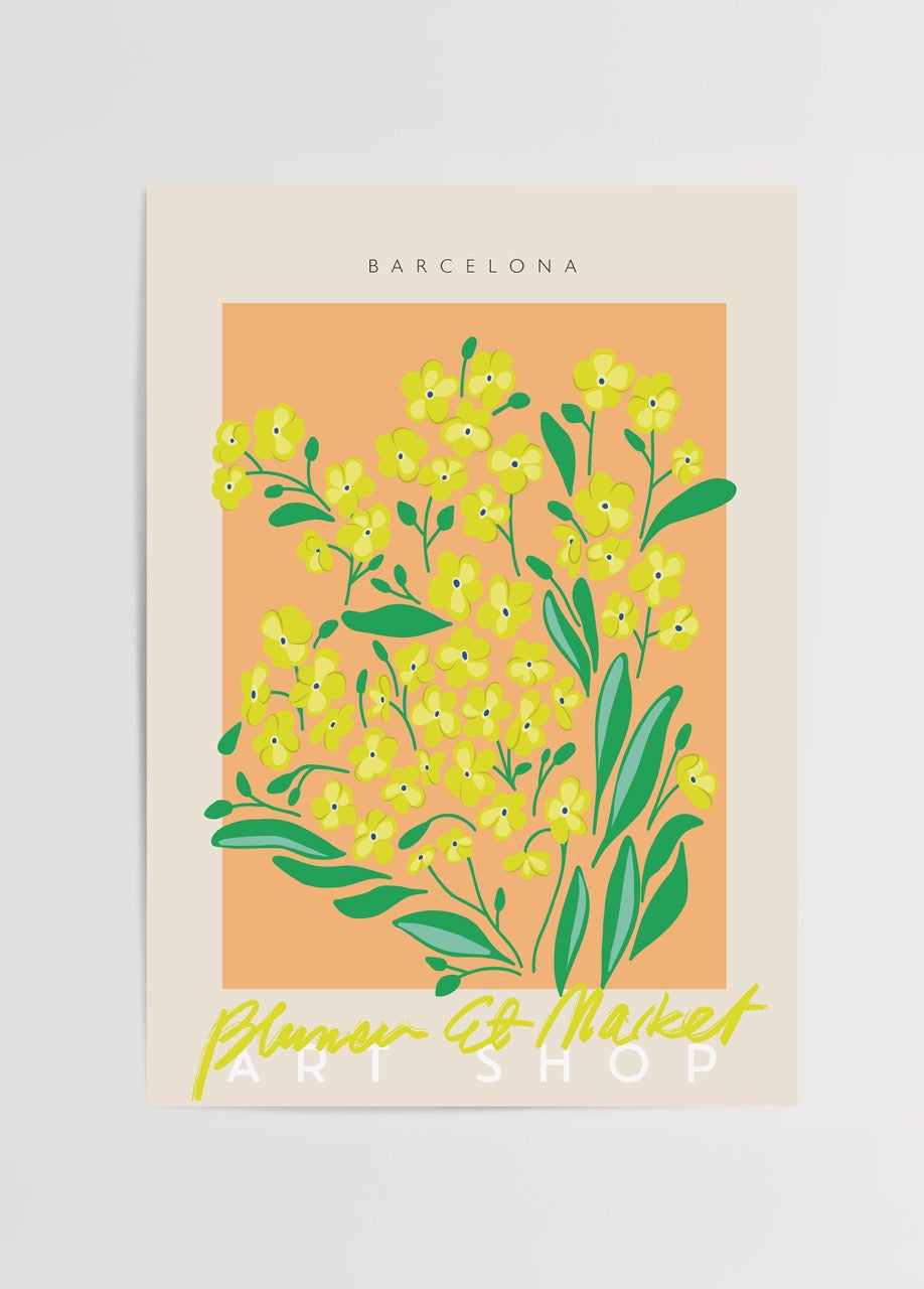 Vibrant yellow floral print capturing the essence of a Barcelona market.