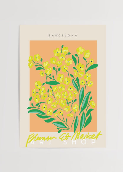 Vibrant yellow floral print capturing the essence of a Barcelona market.