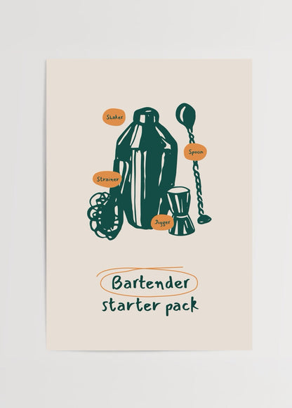 Art print depicting essential bartending tools in a minimalist style.