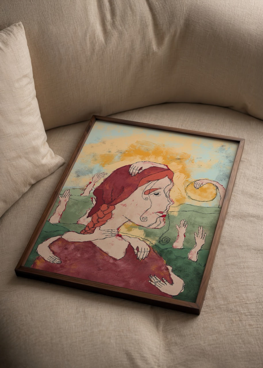 An expressive artwork featuring a stylised woman with hands around her, ideal for wall decor.