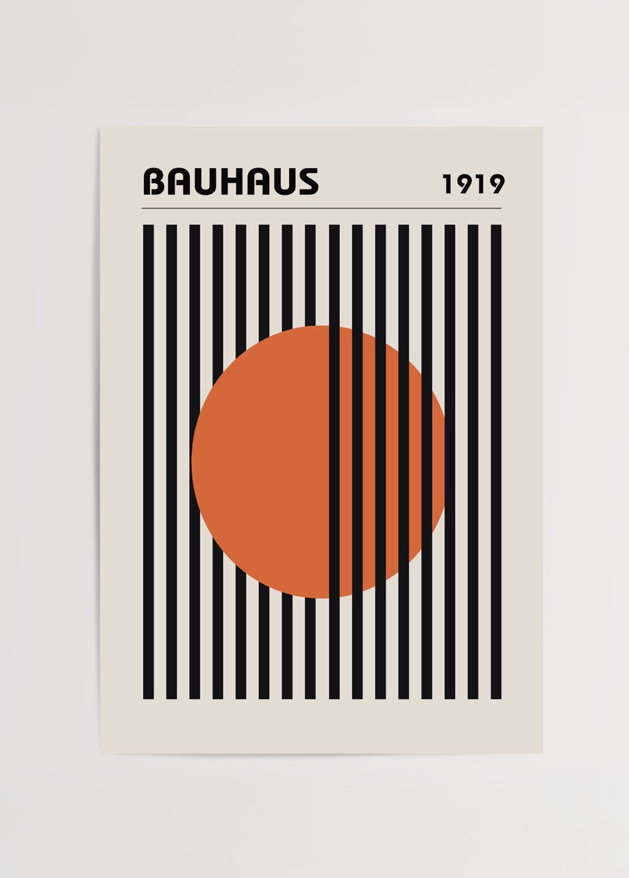 Geometric Bauhaus art print featuring bold lines and orange circle.