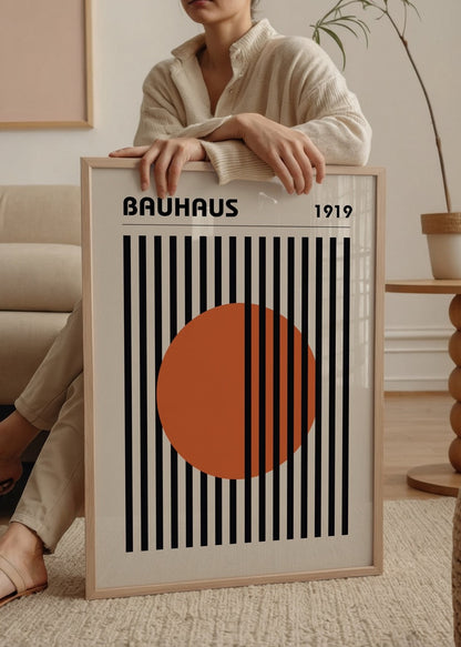 Geometric Bauhaus art print featuring bold lines and orange circle.