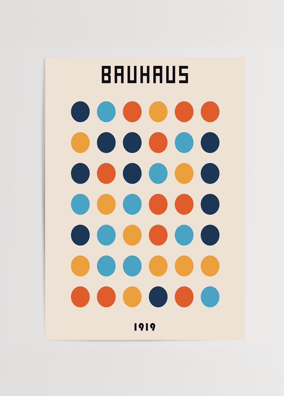 Geometric Bauhaus dot art print featuring colourful dots on a beige background.