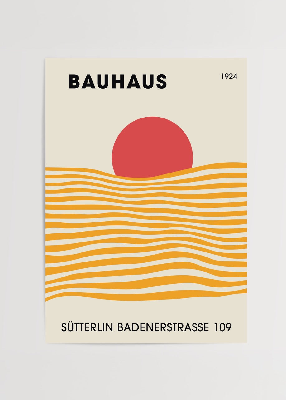 Bauhaus Sunset Waves Poster featuring a red sun and wavy lines.