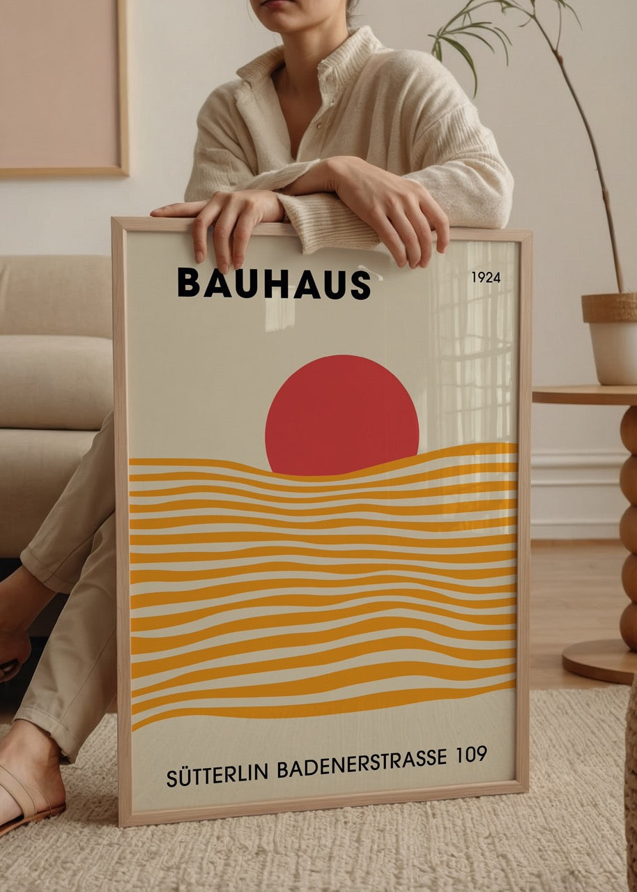 Bauhaus Sunset Waves Poster featuring a red sun and wavy lines.