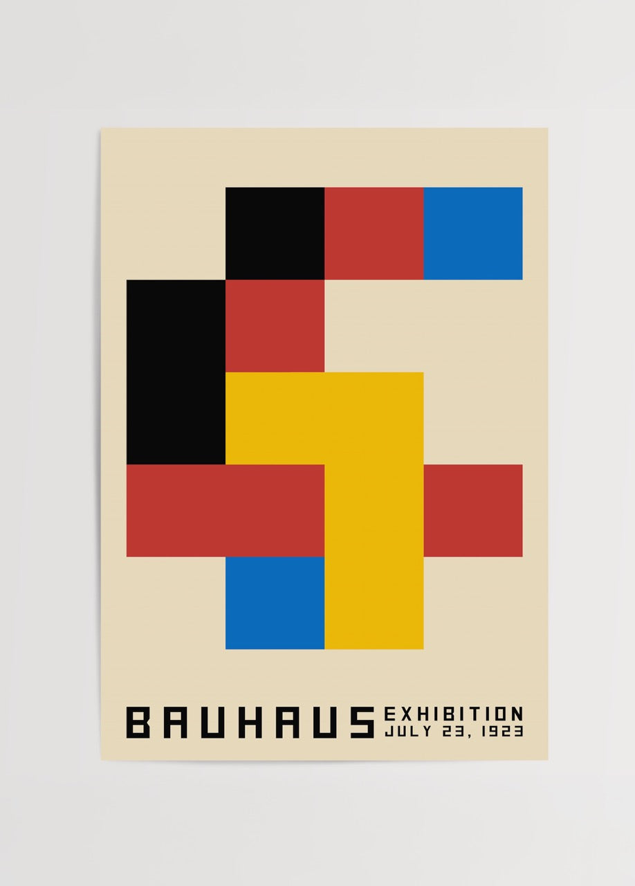 Geometric Bauhaus Exhibition poster featuring bold blocks of colour.