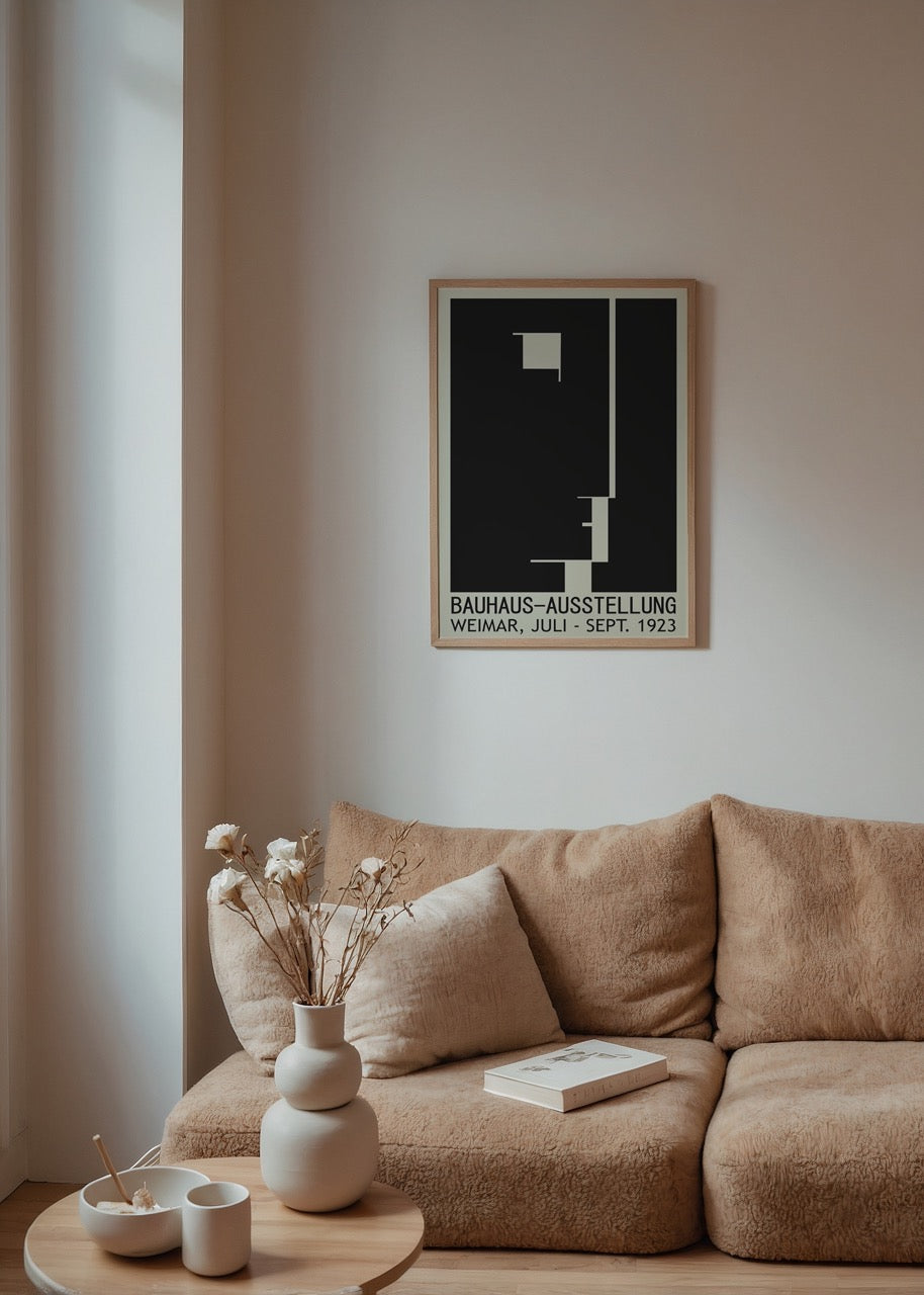Bauhaus Aesthetic Weimar exhibition poster featuring geometric forms.